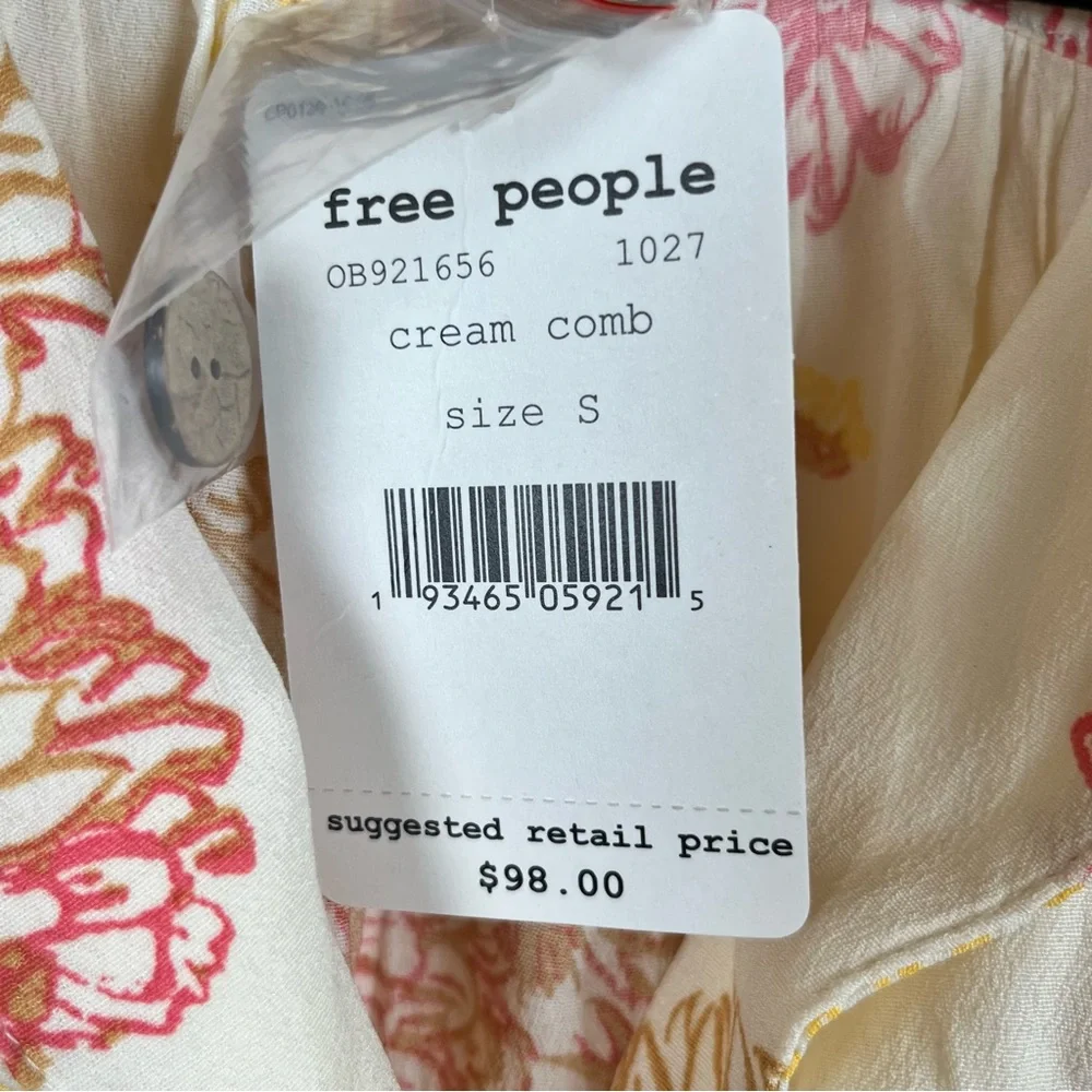 NWT Free People Dress Size S Cream Floral Print Hawaii Mini Viscose Airy Breezy